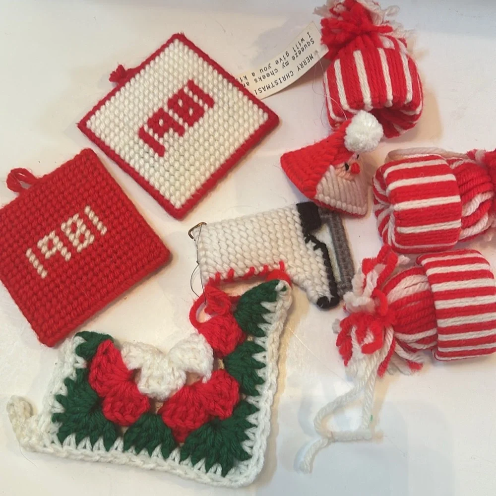 Handmade Yarn ornaments Vintage 80s Red and White Christmas Ornaments Craft Fair